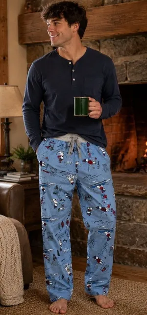 L.L.Bean Ski Snow Print Pajama Lounge Pants XL Blue 100% Cotton‎ Sleepwear NWOT thumbnail 1