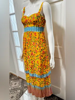 FARM Rio for Anthropologie Anjou Yellow Floral Maxi Dress with Blue Trim Size 0 thumbnail 7
