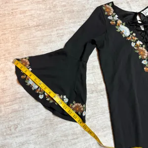 Va Va Joy Han Womens Small Black Embroidered Floral Midi Dress Retro Bell Sleeve thumbnail 5