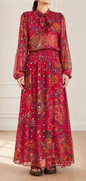 NWT Farm Rio Sunset Tapestry Floral Long Sleeve Boho Maxi Dress Warm Red Size XS thumbnail 1