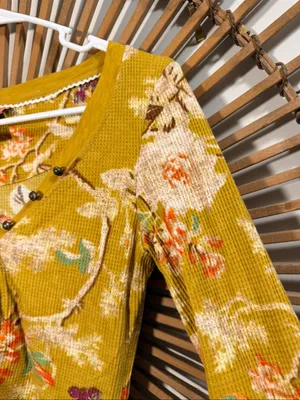 Anthropologie Yellow Floral Waffle Henley Long-Sleeve Top Cottagecore Boho thumbnail 3
