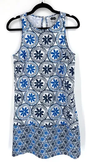 Mud Pie Shift Dress Womens Small Blue‎ White Floral Medallion Coastal Preppy Mod thumbnail 1