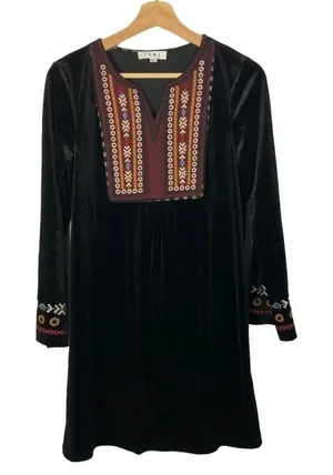 THML Black Velvet Floral Embroidered Long Sleeve Mini‎ Dress S thumbnail 1