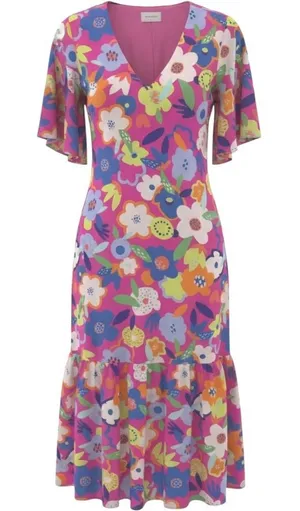 Adrienne Maxi Dress 1X Pink Floral Flower Power V-Neck Tiered Maximalist Bright thumbnail 1