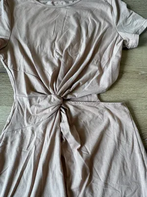 Tan Short Sleeve Knot Front Dress with Side Slit thumbnail 2