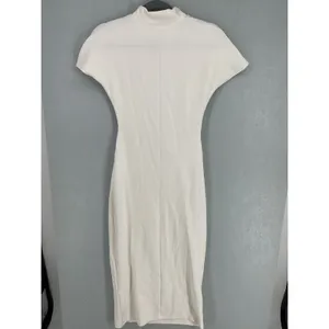 Zara Women Midi Dress White Ruched Mock Neck Cap Sleeve Medium thumbnail 3