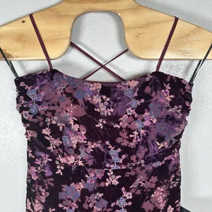 NEW Lulus Floral Burnout Velvet Midi Dress Womens XXL Purple Plum Tie Back Slit thumbnail 2
