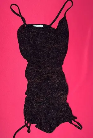 Forever Rose Metallic Red Black Sparkle Ruched Cowl Neck Bodycon Mini Dress M thumbnail 1