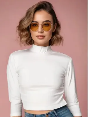 Brandy Melville Women's White Mock Neck 3/4 Sleeve Ribbed Crop Top‎ One Size thumbnail 1