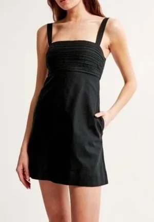 Abercrombie & Fitch Black Emerson Linen Blend Pleated Mini Dress‎ thumbnail 1