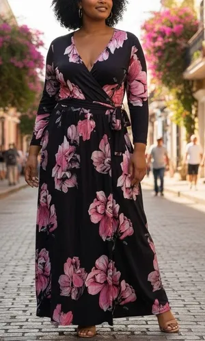 Pinup Fashion Black Pink Floral Faux Wrap Maxi Dress 24W NWT thumbnail 2