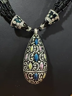 Chico’s Vintage Necklace Enamel Black Glass Beads Tier drop Pendant thumbnail 2