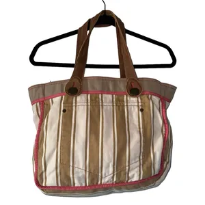 Gap Y2K Reversible Canvas Tote Bag Leather Handles‎ Pink Trim Striped thumbnail 3