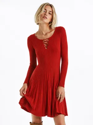 NEW Cato Juniors Large Red Ribbed Lace Up Fit & Flare Stretch Knit Dress thumbnail 3