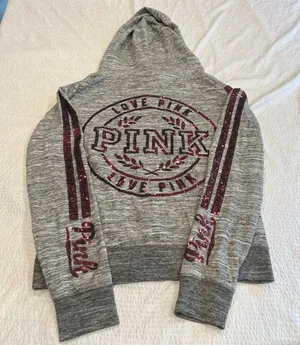 PINK vintage Bling vs gray zip up jacket with red sequins M women thumbnail 1