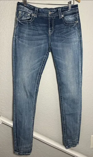 Miss Me Jeans Women's Blue Diamond Studded Pockets Y2K Bling Cowgirl thumbnail 1