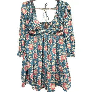 Free People Sacha Mini Babydoll‎ Dress Blue Pink Floral Open Back Boho Small New thumbnail 5