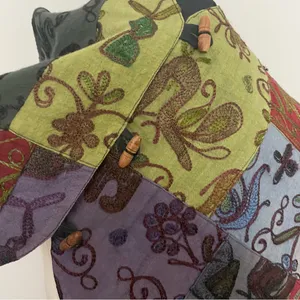 Vintage Patchwork Vest Embroidered Floral Birds Art To Wear Wood Toggle Buttons thumbnail 9