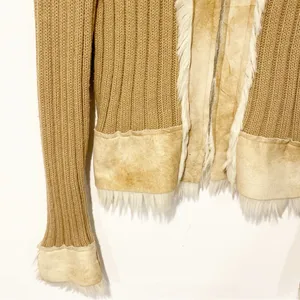 Vintage Y2K Women’s Size Medium Faux Fur Tan Brown Ribbed Knit Full‎ Zip Jacket thumbnail 3