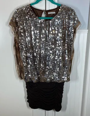 Alberto Makali Vintage Y2K Brown‎ Sequin Ruched Stretchy Blouse Shirt Tunic Top thumbnail 1