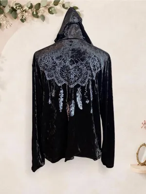 Big Bang USA Black Crushed Velvet Embroidered Zip Hoodie Large Y2K thumbnail 7