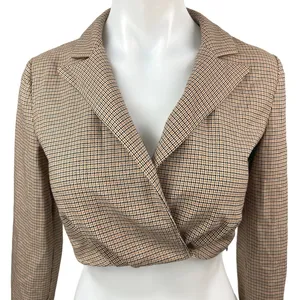 Zara Beige Houndstooth Collared Notch Lapel Long Sleeve Blazer Crop Top Size XS thumbnail 3