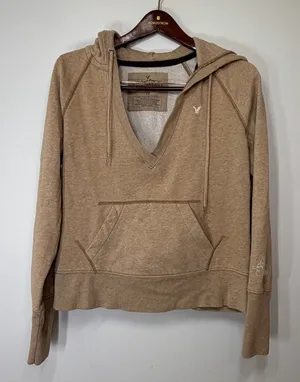 American Eagle V Neck Hoodie Large Tan Heathered Fleece Pullover Boho Y2K Coasta thumbnail 1