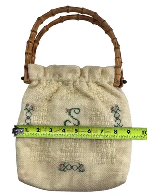 Vintage Monogram “S” Embroidered Cross Stitch Bamboo Handle Cottagecore Bag thumbnail 11