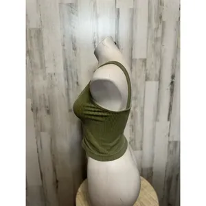 Seamless Ribbed V-Neck Crop Tank Top Womens M Sage Olive Green Bralette thumbnail 2