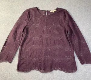 LOFT Lace Top Women Medium Plum Purple Medallion Crochet 3/4 Sleeve Boho EUC‎ thumbnail 1