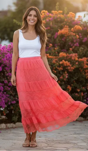 Lapis Coral Lace Tiered Maxi Skirt Size S thumbnail 1
