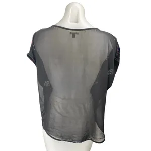 Ecote Multicolor Velvet Velour Paisley Short Sleeve Sheer Mesh Blouse Top Size M thumbnail 2