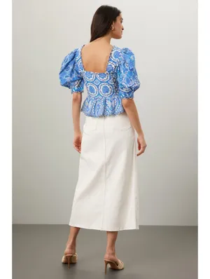 FARM Rio Blue Motif Puff Sleeve Peplum Top XL NWT thumbnail 3