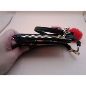 Juicy Couture Cherry Print‎ Card Holder Wallet Wristlet Black Red Pom Pom NEW thumbnail 3