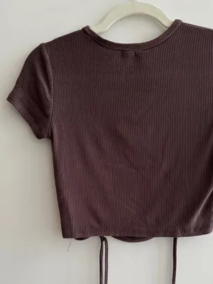 Garage Ribbed Cropped Tie Front Top, Casual Going Out Top, Brown, Size Medium thumbnail 11