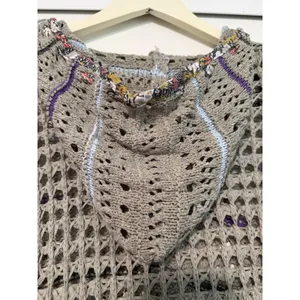 POL Crochet Open Knit Hoodie Gray Boho Mesh Sweater Cottagecore Granola Bohemian thumbnail 4