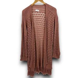 Boho Chic Open Knit Long Cardigan Fringe Trim Lightweight Mauve Small Medium thumbnail 5