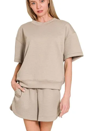 Zenana Scuba Round Neck Top And Dolphin Shorts Set size medium ash mocha thumbnail 1