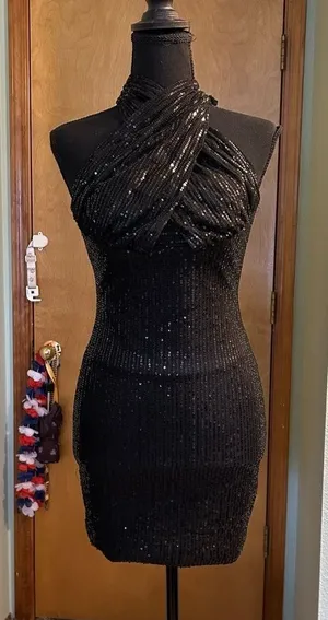 NWOT black sequined halter bodycon mini dress size 0 prom cocktail party dress thumbnail 1