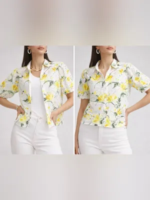 Chico’s Floral Eyelet Button-Front Puff Sleeve Blouse White Yellow Size 1 (US 8) thumbnail 2