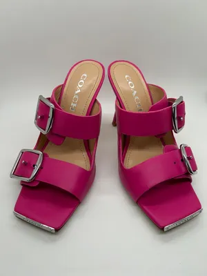COACH Bright Pink Leather Double-Buckle Slide Stiletto Heels Shoes *Size 6.5* 🌸🌸 thumbnail 2