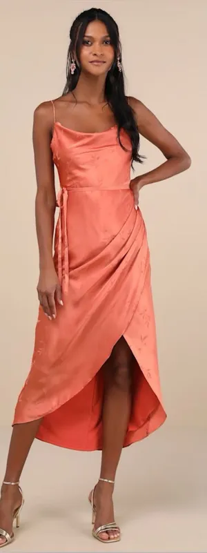 LULU’S Sophisticated Sight Peach Satin Jacquard Cowl Midi Dress thumbnail 1