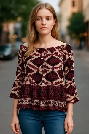 Hint of Blush Crop Top SZ LG Bare Shoulders 3/4 Bell Sleeve Black Red Boho Chic thumbnail 1
