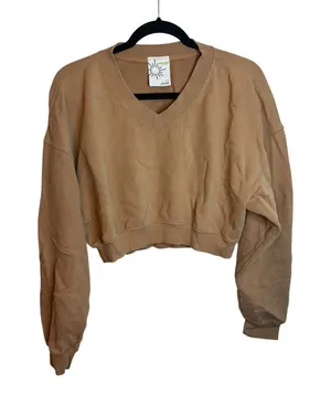 Offline by Aerie Tan V-Neck Cropped Sweatshirt thumbnail 1