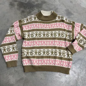 Vintage Dords Mock Neck Sweater Brown Pink Hearts People Knit Acrylic Wool M thumbnail 2