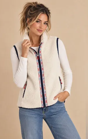 Orvis Women’s Cream Sherpa Fleece Vest Aztec/Black Trim Full Zip Outdoor Medium thumbnail 1