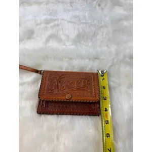 Vintage Tooled Leather Clutch Wallet MEXICO‎ Wrist Strap Brown Snap Closure thumbnail 6