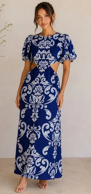 Abercrombie & Fitch Dress XS Blue Waist Cutout Damask Puff Sleeve Maxi Midi Boho thumbnail 1