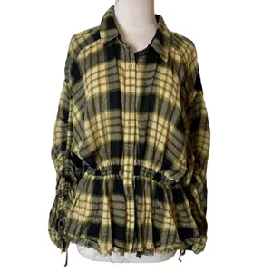 Free‎ People Pacific Dawn Plaid Shirt black green tan sz L thumbnail 5