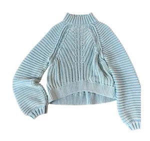 Free People Sweetheart Mock Neck Sweater Light Blue Chunky Knit Balloon Sleeve S thumbnail 1